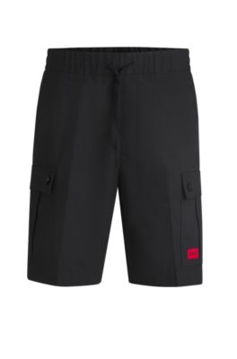 Shorts aus strukturierter Baumwolle mit rotem Logo-Label, Schwarz