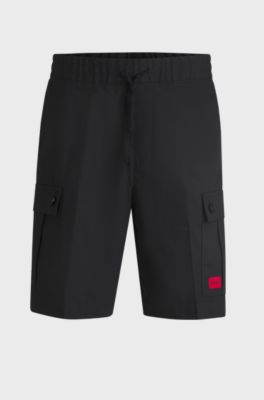 Structured-cotton shorts with red logo label, Black