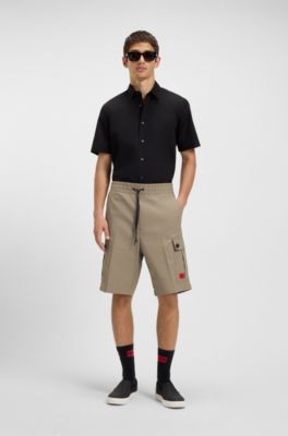Structured-cotton shorts with red logo label, Brown