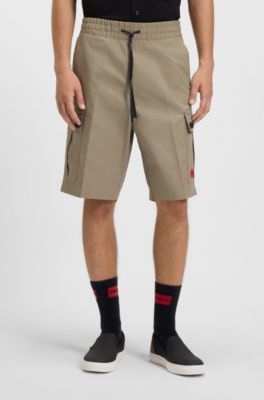 Structured-cotton shorts with red logo label, Brown