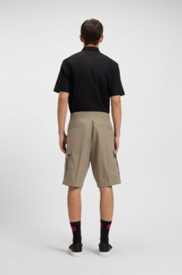 Structured-cotton shorts with red logo label, Brown