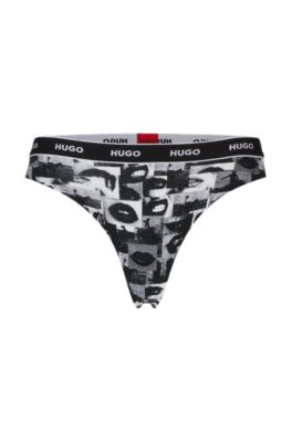 Stretch-cotton string briefs with logo waistband, Black Patterned