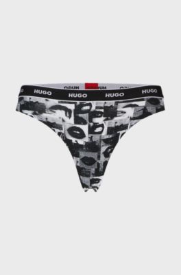 Stretch-cotton string briefs with logo waistband, Black Patterned