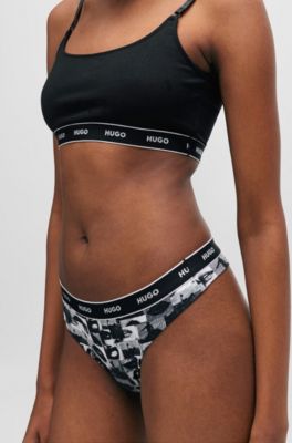 Stretch-cotton string briefs with logo waistband, Black Patterned