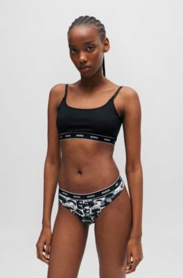 Stretch-cotton string briefs with logo waistband, Black Patterned