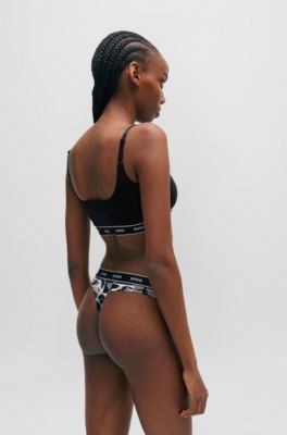 Stretch-cotton string briefs with logo waistband, Black Patterned