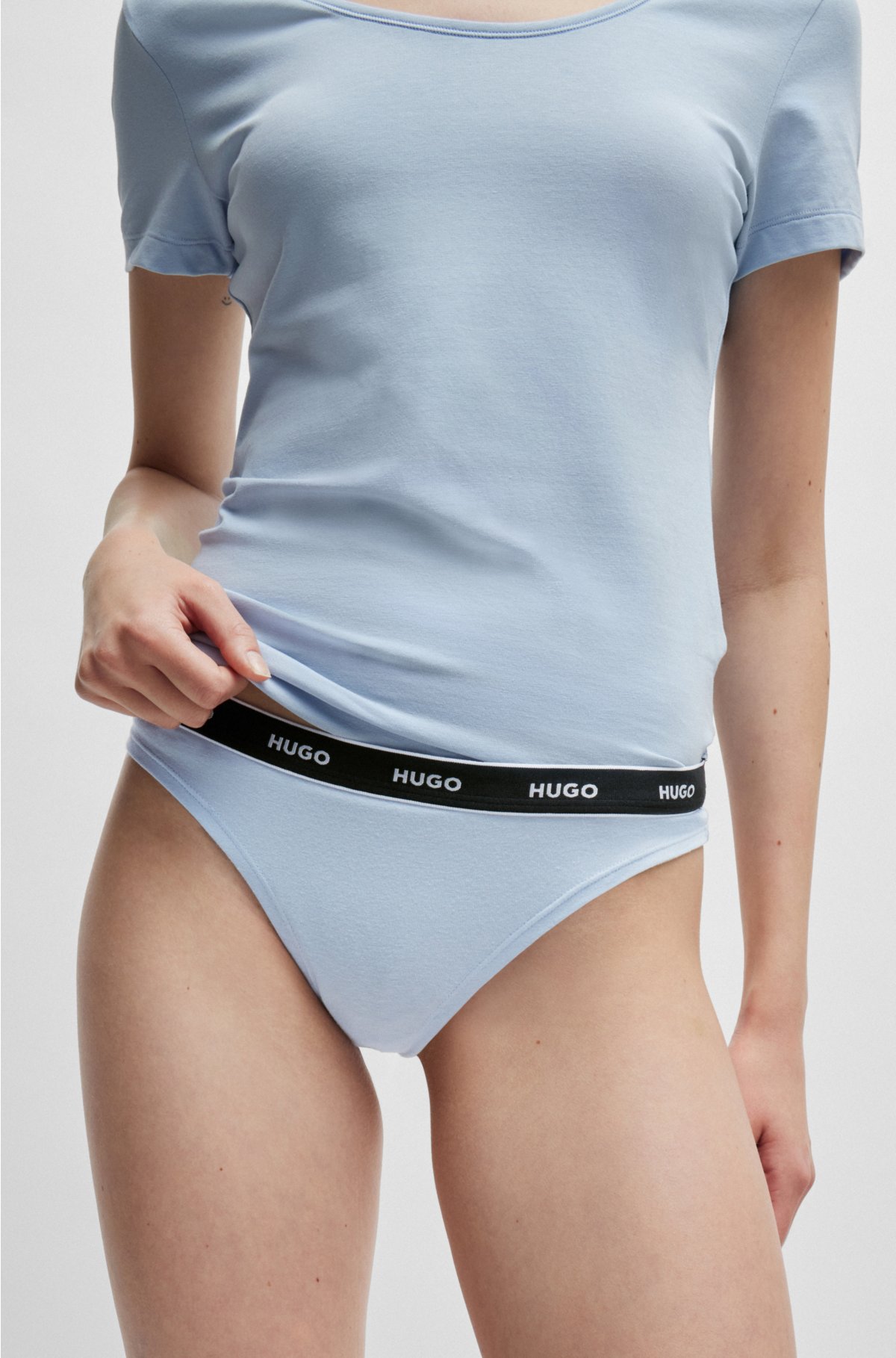 Stretch-cotton string briefs with logo waistband, Light Blue