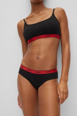 Slip en coton stretch avec taille logot&eacute;e, Noir