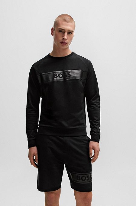 Sweatshirt i fransk bomuldsfrotté med tone-i-tone logoprint, Sort