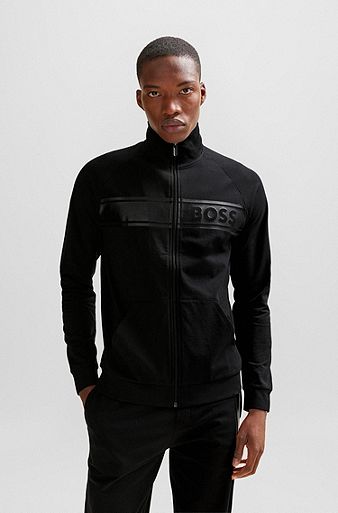 Jacke aus Baumwoll-Terry mit Reißverschluss und tonalem Logo-Print, Schwarz