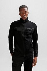 Cotton-terry zip-up jacket with tonal logo print, Black