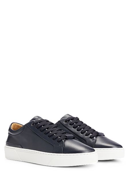 Leather low-profile trainers with branding and rubber outsole, Dark Blue
