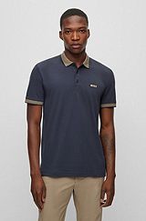 Cotton-blend slim-fit polo shirt with contrast logo, Dark Blue