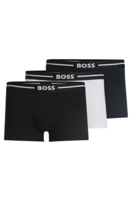 Three-pack of stretch-cotton trunks with logo waistbands, Black / White / Blue