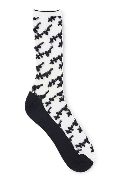 Regular-length transparent socks with handwritten logos, White Patterned