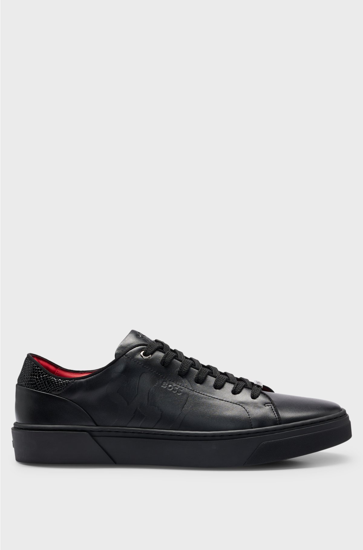 Gary lace-up trainers in leather with special embossed artwork, Black