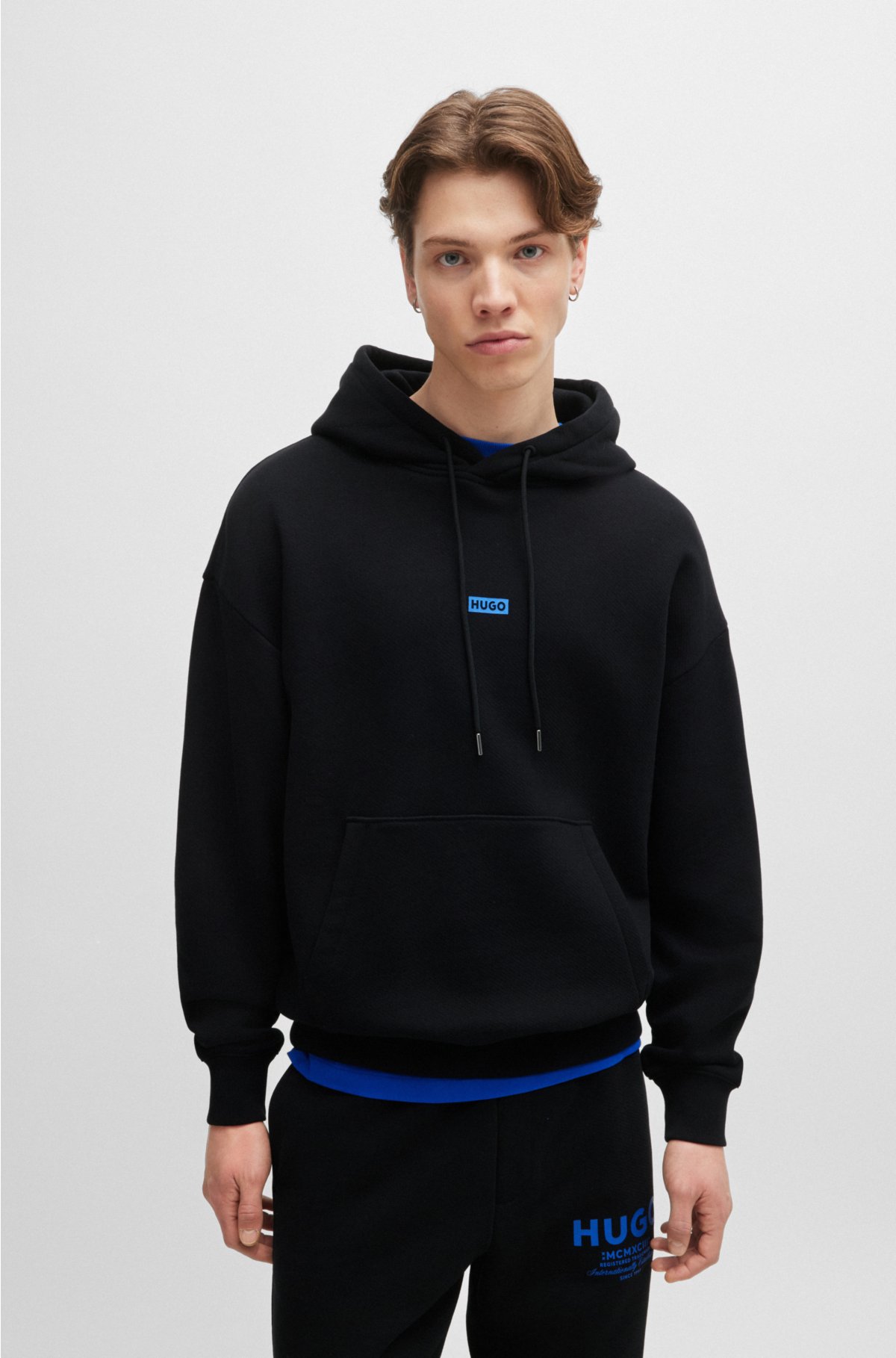 Cotton-terry loose-fit hoodie with logo details, Black