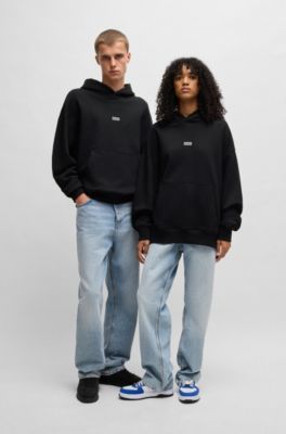 Cotton-terry loose-fit hoodie with logo details, Black
