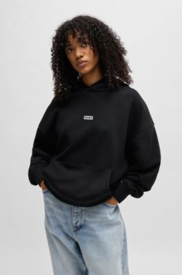 Cotton-terry loose-fit hoodie with logo details, Black