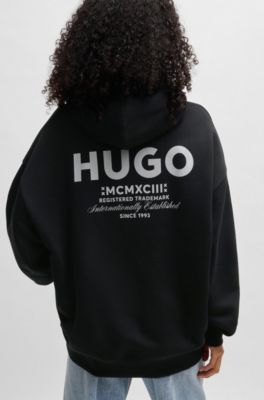 Cotton-terry loose-fit hoodie with logo details, Black