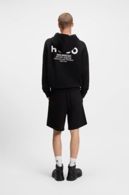 Cotton-terry loose-fit hoodie with logo details, Black