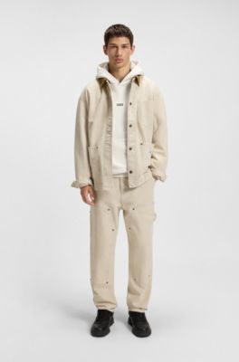 Sudadera holgada con capucha en felpa de algod&oacute;n con detalles de logo, Natural