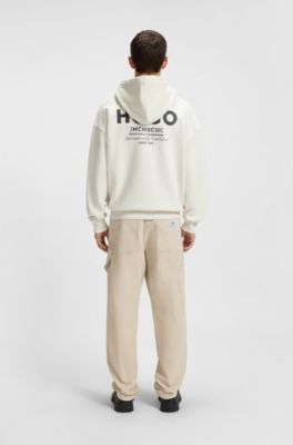 Sudadera holgada con capucha en felpa de algod&oacute;n con detalles de logo, Natural