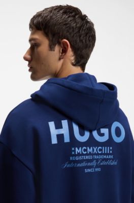 Cotton-terry loose-fit hoodie with logo details, Dark Blue