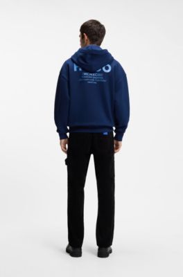 Cotton-terry loose-fit hoodie with logo details, Dark Blue