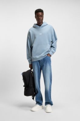 Cotton-terry loose-fit hoodie with logo details, Light Blue