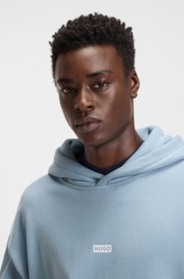 Cotton-terry loose-fit hoodie with logo details, Light Blue