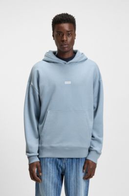 Cotton-terry loose-fit hoodie with logo details, Light Blue