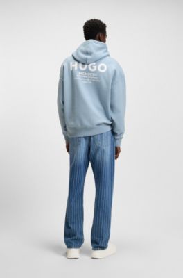 Cotton-terry loose-fit hoodie with logo details, Light Blue