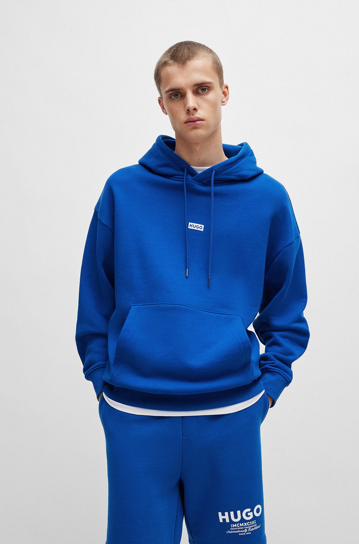 Cotton-terry loose-fit hoodie with logo details, Blue