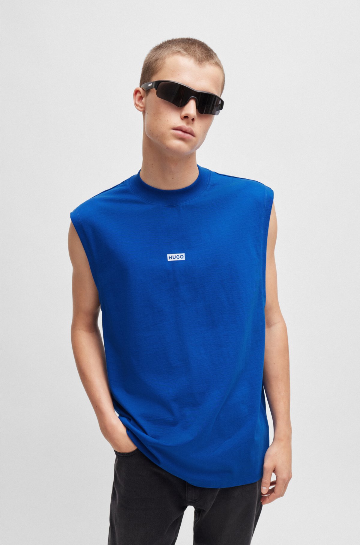 Cotton-jersey sleeveless T-shirt with logo prints, Blue