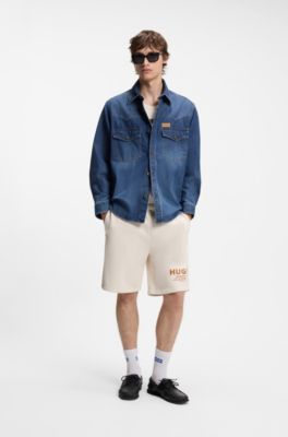 Loose-fit shorts in cotton terry with logo print, Natural