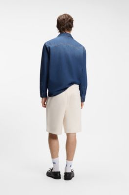 Loose-fit shorts in cotton terry with logo print, Natural