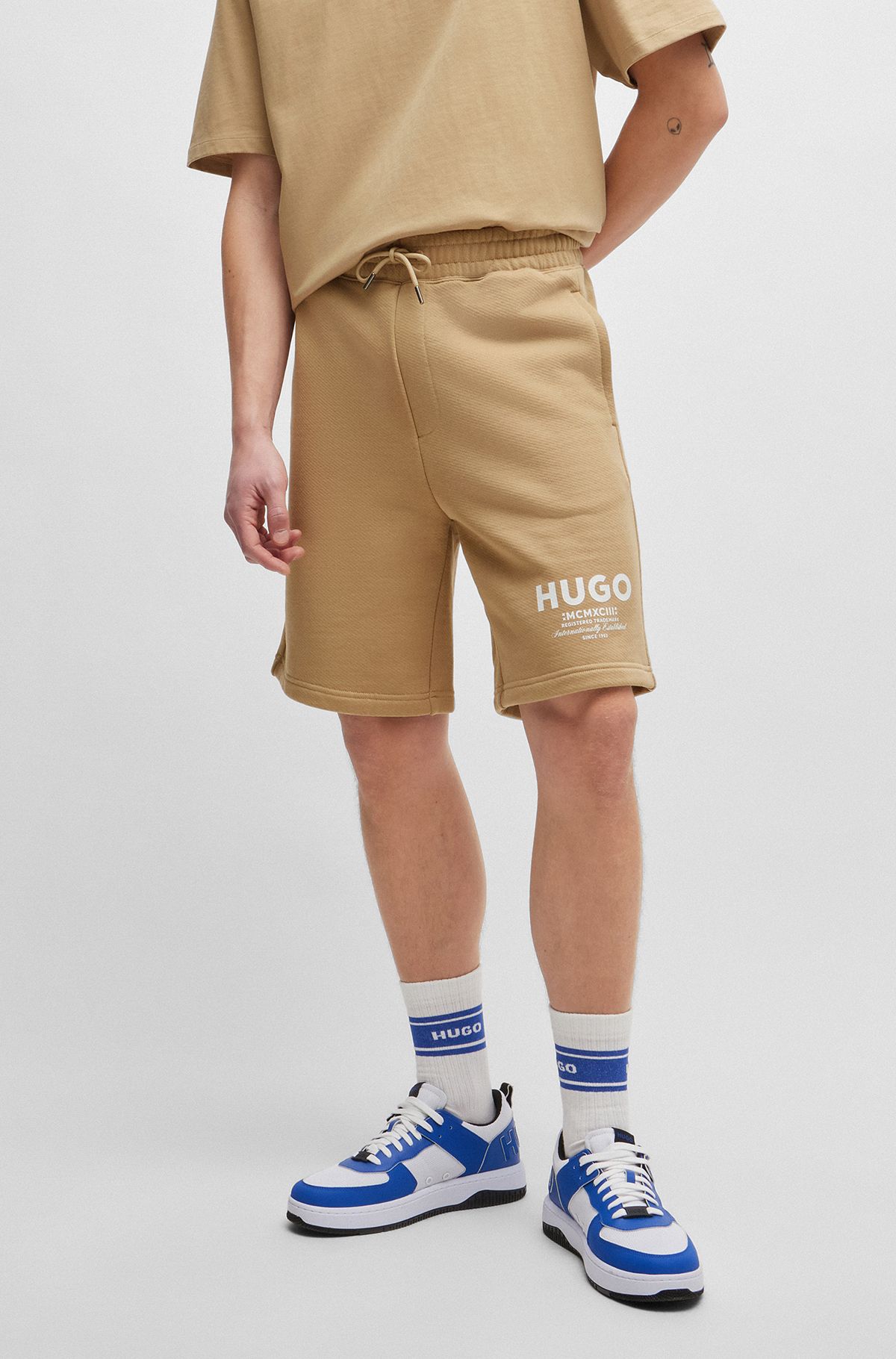 Cotton-terry shorts with new-season logo story, Beige