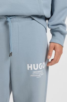 Cotton-terry tracksuit bottoms with logo print, Light Blue