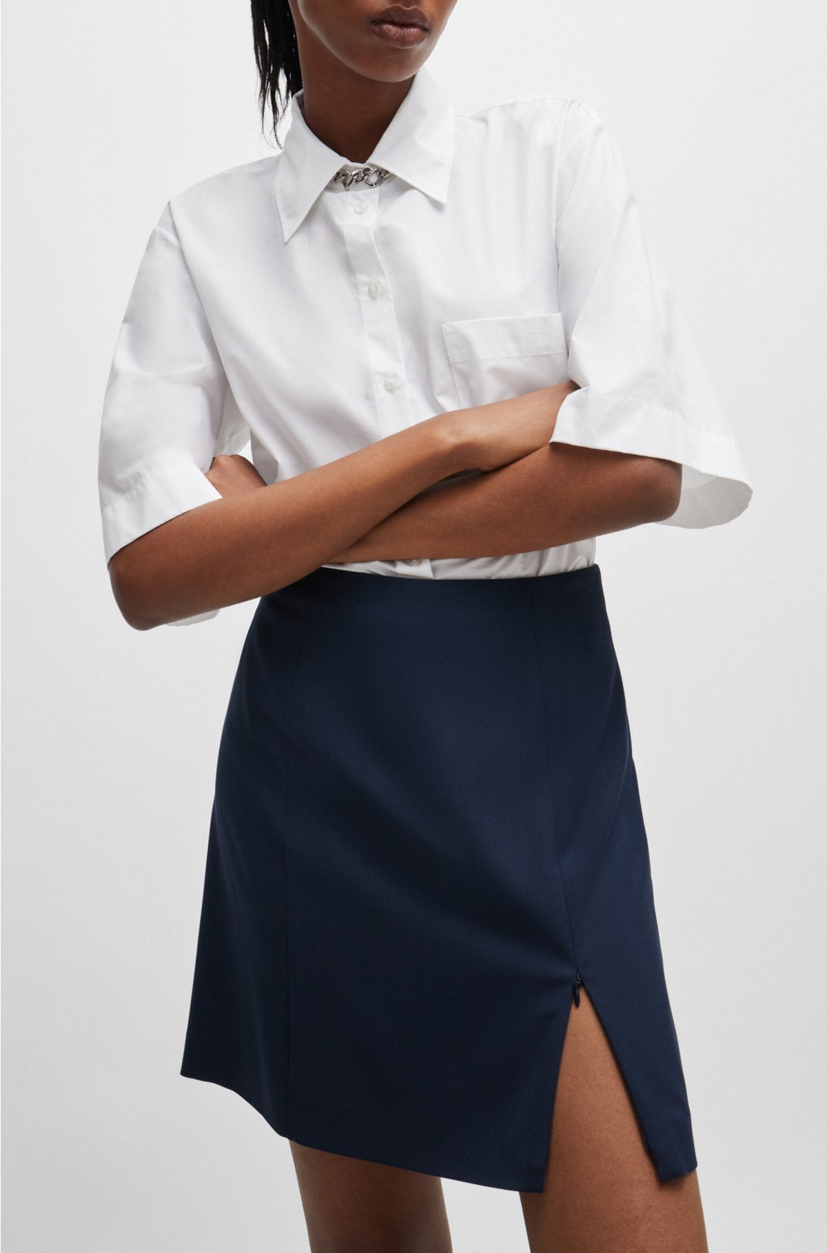 A-line mini skirt with zipped slit detail, Dark Blue