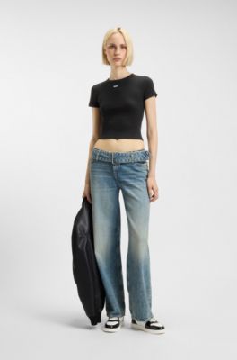 Slim-fit cropped T-shirt in stretch cotton, Black