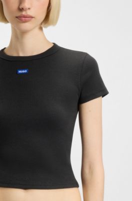 Slim-fit cropped T-shirt in stretch cotton, Black
