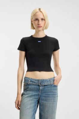Slim-fit cropped T-shirt in stretch cotton, Black