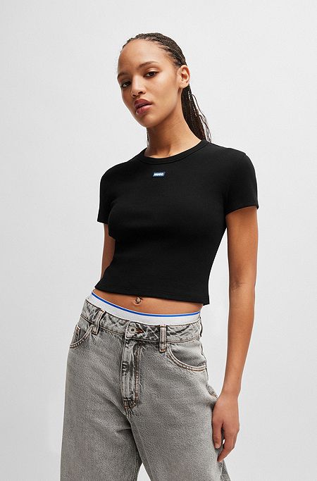Stretch-cotton slim-fit T-shirt with blue logo label, Black