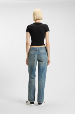 Slim-fit cropped T-shirt in stretch cotton, Black