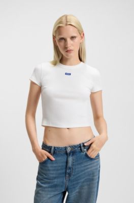 Slim-fit cropped T-shirt in stretch cotton, White