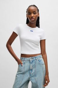 Slim-fit T-shirt van stretchkatoen met blauw logolabel, Wit