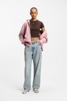 Slim-fit cropped T-shirt in stretch cotton, Brown