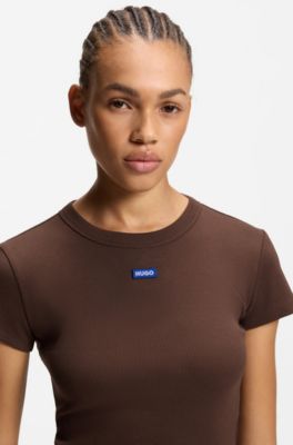 Slim-fit cropped T-shirt in stretch cotton, Brown