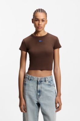Slim-fit cropped T-shirt in stretch cotton, Brown